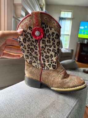 Twister Girls Leopard Print Brown Western Boots with Red Flower Accent